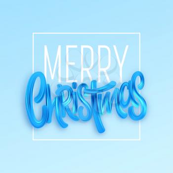 Merry Christmas greeting card vector template. Acrylic paint brush strokes. Xmas calligraphy blue background with frame. Christmas blue oil paint lettering. Poster color 3D isolated design element
