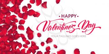 Happy Valentine Day calligraphy lettering on a background of pink rose petals. Valentines day background. Vector illustration EPS10