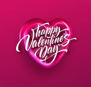 Calligraphic lettering Happy Valentines day on a background of a shiny foil balloon heart shape. Vector illustration EPS10