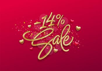 Advertising with sale golden lettering. Valentines day holliday poster. Shopping promotion design. Realistic 3d illustration. Vector illustration EPS10