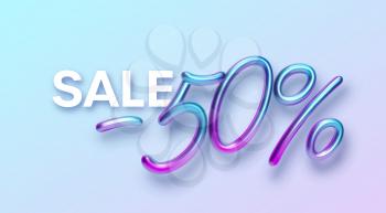 Realistic 3d golden font color rainbow holographic inscription Sale -50. Design element for holiday greeting flyers, banners, certificates, postcards. Vector illustration EPS10