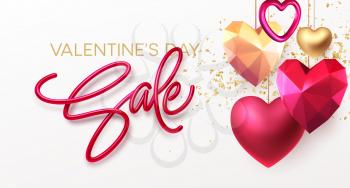 Valentines Day Sale background with realistic metallic gold and red ruby low poly heart. Red Golden Lettering Sale on white background. Vector illustration. Vector illustration EPS10