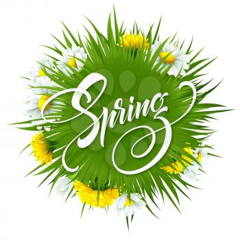 Inscription Hello Spring on background with spring flowers. Vector illustration EPS10