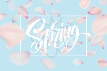 Spring lettering web banner template. Color pink sakura cherry blossom flower blue sky landscape background design. Vector illustration EPS10