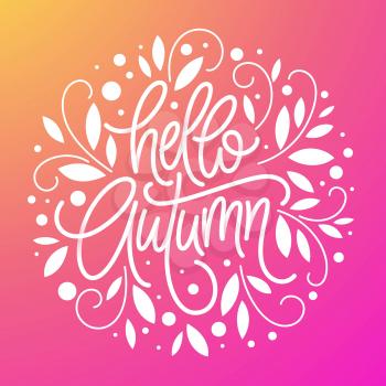 Autumn background and frame of leaves in the style of a thin line art. Handwritten modern lettering. Fall leaves background. Vector illustration EPS10