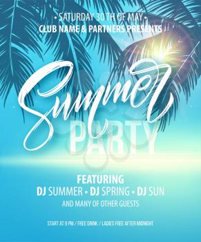 Summer party poster. Palm leaf and sea background. Vector illustration EPS10