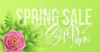 Spring sale banner with paper flowers and calligraphy lettering. Vector illustration EPS10