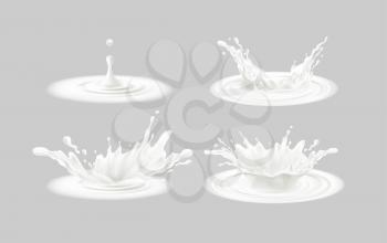 Set of realistic splashes of milk isolated on a gray background. 3d Realistic white liquid crown. Vector illustration EPS10