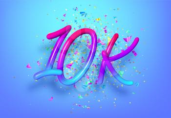 10k followers celebration design with Rainbow numbers, sparkling confetti and glitters. Realistic 3d festive illustration. Party event decoration. Vector illustration EPS10