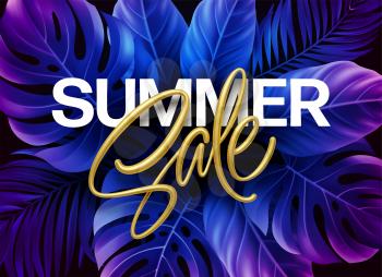 Golden metallic summer sale lettering on a purple bright background from tropical leaves of plants. Vector illustration EPS10