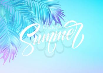 Summer lettering design in a colorful blue and purple palm tree leaves background. Vector illustration EPS10