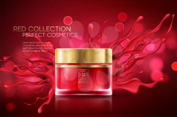 Cosmetics products with luxury collection composition on red blurred bokeh background. Vector illustration EPS10
