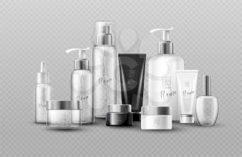 Cosmetic bottle mock up set isolated packages on gray background. Real transparency effect. Vector illustration EPS10