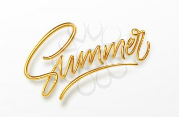 3D Realistic Golden Shiny Metallic Summer Handwriting Lettering Isolated on White Background. Vector illustration EPS10