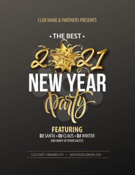 New Year party typography poster with 2021 gold realistic inscription, gift bow, golden tinsel and golden confetti on a black background. Vector illustration EPS10