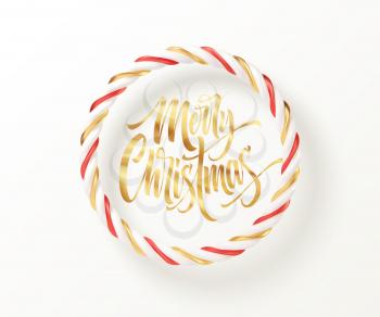 Christmas candy striped red, golden and white round frame with a gold inscription Merry Christmas. Vector illustration EPS10