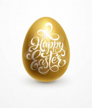 Happy Easter lettering on the golden egg background. Hand drawn calligraphy and brush pen design for holiday greeting card and invitation. Vector illustration EPS10