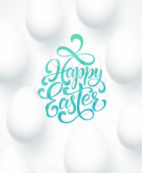 Happy Easter Egg lettering on the blue background with white egg. Vector illustration EPS10