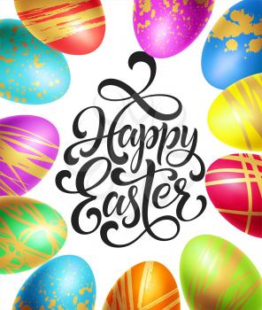 Happy Easter background template with lettering with Colorful Eggs. Vector illustration EPS10
