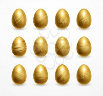 Happy Easter realistic golden shine decorated eggs set. Vector illustration