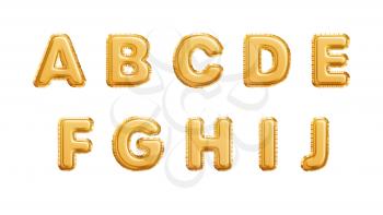 Realistic golden balloons alphabet isolated on white background. A B C D E F G H I J letters of the alphabet. Vector illustration EPS10