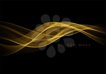 Abstract shiny color gold wave design element with glitter effect on dark background. Vector illustration EPS10