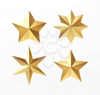 Set of golden realistic stars with different rays isolated on a white background. Vector illustration EPS10