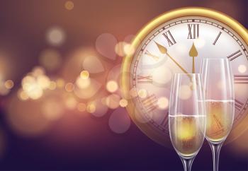2021 New Year background with a clock and glasses of champagne and glowing bokeh light. Vector illustration EPS10