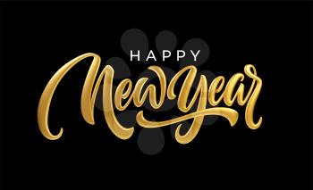 Happy New Year. Realistic golden metal lettering isolated on black background. Vector illustration EPS10