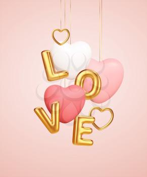 Empty pink product podium scene with pink and white heart shape balloons and gold word love balloons. Design concept for Happy Valentines Day. Vector illustration EPS10