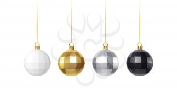 Set of golden, white, siver and black realistic christmas decorations isolated on white background. Vector illustration EPS10