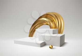 Background 3d white podium product and realistic golden swirl on the white background. Modern white cube podium, great design for any purposes. Vector illustration EPS10