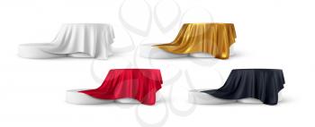 Set of realistic 3d round product podium display covered with fabric drapery folds isolated on white background. White, red, black, gold color shiny silk fabric. Vector illustration EPS10