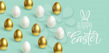 Happy Easter festive blue background with gold and white Easter eggs. Vector illustration EPS10