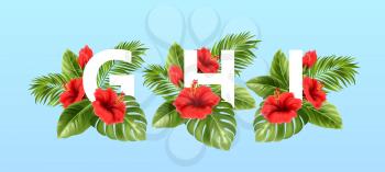 G H I letters surrounded by summer tropical leaves and red hibiscus flowers. Tropical font for summer decoration. Vector illustration EPS10