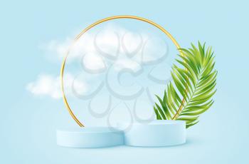 Realistic Blue product podium with golden round arch, plm leaf and clouds. Product podium scene design to showcase your product. Realistic 3d vector illustration EPS10