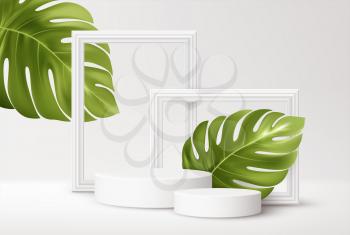 Realistic white Product podium with white picture frames and green tropical monstera leaves isolated on white background. Blank background for product advertising. Vector illustration EPS10