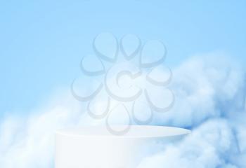 Blue background with a product podium surrounded by blue clouds. Smoke, fog, steam background. Vector illustration EPS10