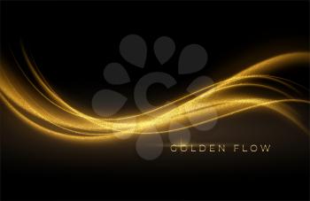 Gold wave flow and golden glitter on black background. Abstract shiny color gold wave luxury background. Luxury gold flow wallpaper. Vector illustration EPS10