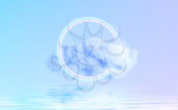 Neon Circle shape in a cloud of fog reflecting in the water. Modern trending 3d conceptual design background. Violet blue pink colors. Vector illustration EPS10