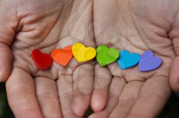  hearts of the color of the rainbow in women's hands. Background of LGBT 