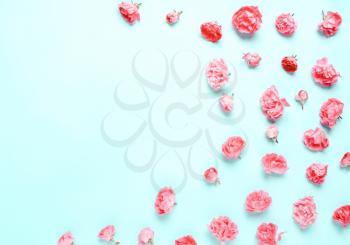 Pastel composition of coral, pink flowers, roses on a blue background. Natural festive letterhead. Soft focus