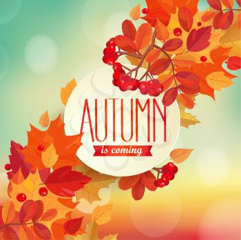 Autumn is coming - background with colorful leaves and frame with text. EPS 10 vector illustration.