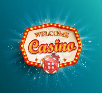 Shining retro light frame , vector illustration on a casino theme with lighting display and welcome text on blue background.