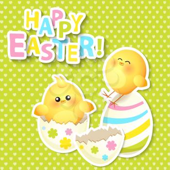 Happy Easter Greeting Card with chikken, vector illustration.