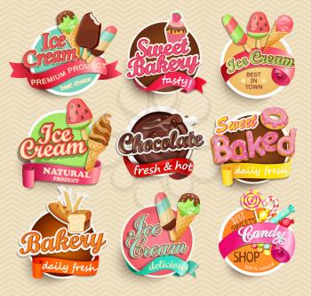 Food Label or Sticker - bakery, ice-cream, chocolate, sweet baked, candy,sweet bakery - Design Template. Vector illustration.
