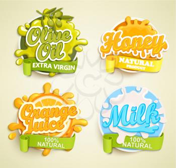 Set of orange juice, olive oil, honey, lime labels splash. Lettering, splash and blot design, shape creative vector illustration.