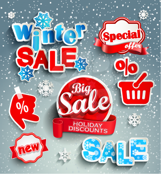 Winter sale background with red realistic ribbon. sticker, banner and snow. Sale. Winter sale. Christmas sale. New year sale. Vector illustration