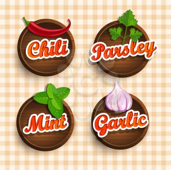Stickers with wooden texture and names of spices, a vector illustration.