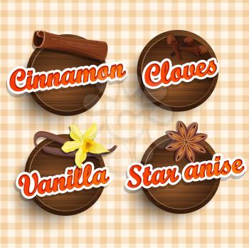 Stickers with names of different spices, vector illustration.